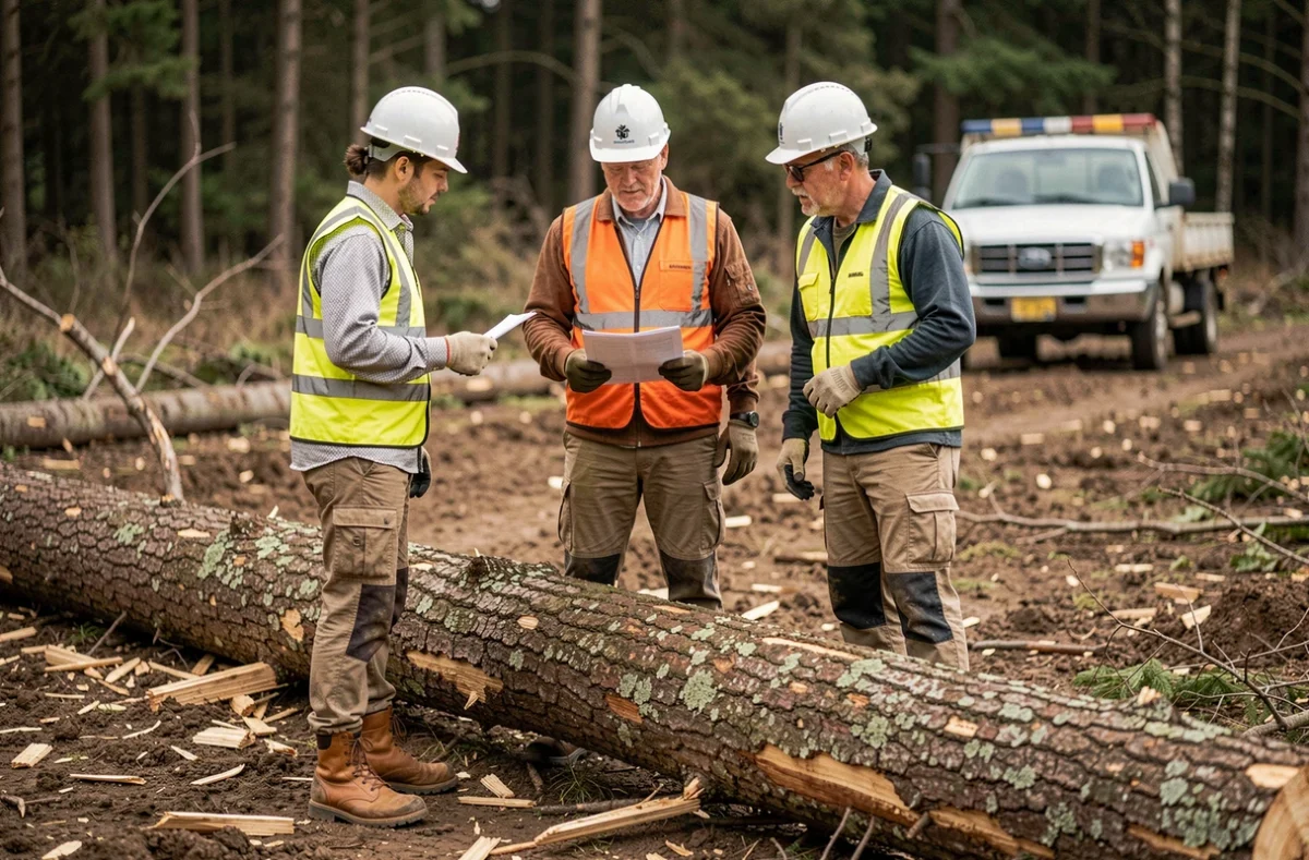 Équipe d'élagueurs en coopérative planifiant un chantier forestier avec documents de sécurité