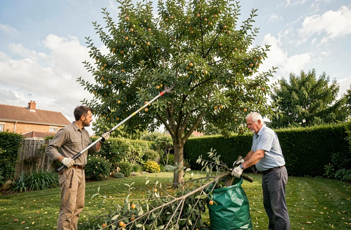 Deux élagueurs travaillant ensemble dans un jardin résidentiel à Cestas
