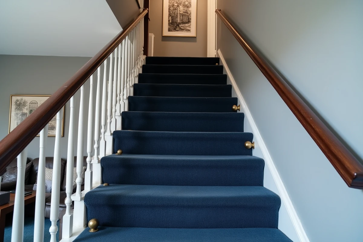 Escalier résidentiel entièrement recouvert d'une moquette bleu marine avec tringles dorées