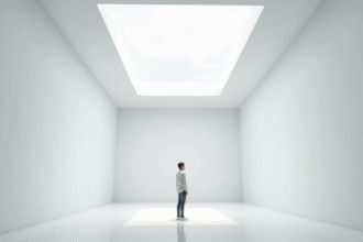 Salle blanche cubique lumineuse avec personne pour échelle