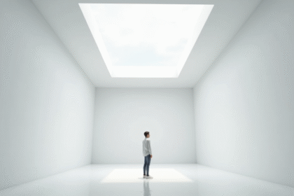 Salle blanche cubique lumineuse avec personne pour échelle