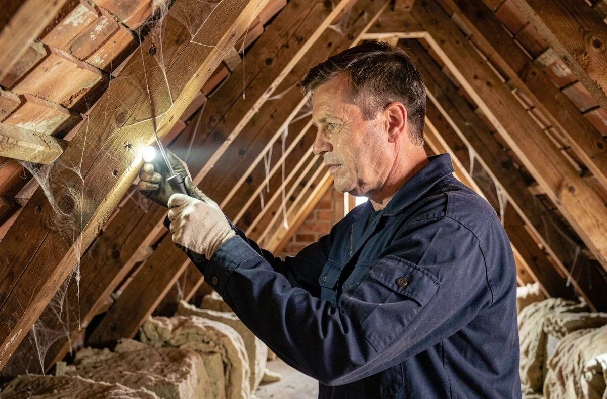 Expert en traitement du bois inspectant une charpente ancienne pour détecter une infestation de capricorne des maisons
