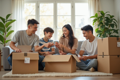 Famille heureuse emballant des cartons dans un salon lumineux