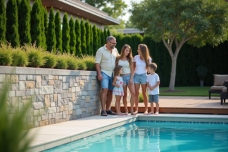 Famille devant la piscine moderne dans le jardin en été