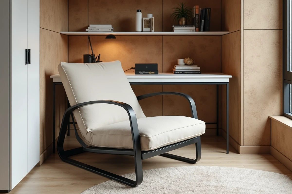 Fauteuil contemporain cadre métal noir mat et coussin coton avoine dans un coin bureau à domicile compact avec étagères métalliques