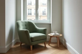 Fauteuil design compact en bouclé vert sauge dans un petit appartement parisien avec parquet en chevrons chêne clair