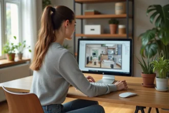 Jeune femme examinant un plan 3D de maison dans un salon lumineux