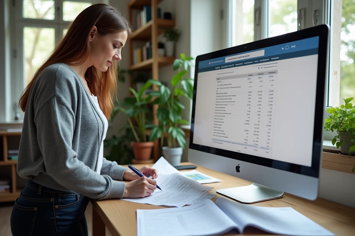 Femme analysant des factures d'électricité et comparant les tarifs 2026 sur un écran d'ordinateur dans un bureau à domicile