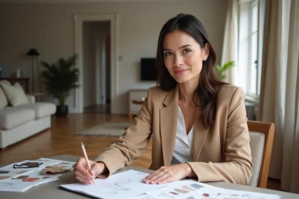 Femme stylée en train de noter dans un salon lumineux à Lille