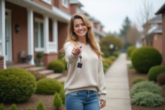 Femme souriante tenant des clés devant une maison neuve