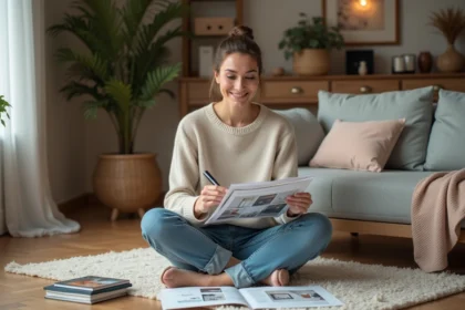 Femme souriante en intérieur design et notes