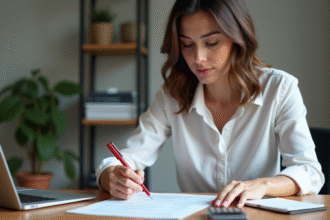 Femme en bureau prenant une décision avec un document