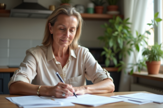 Femme d'âge moyen remplissant un formulaire de changement d'adresse à la maison