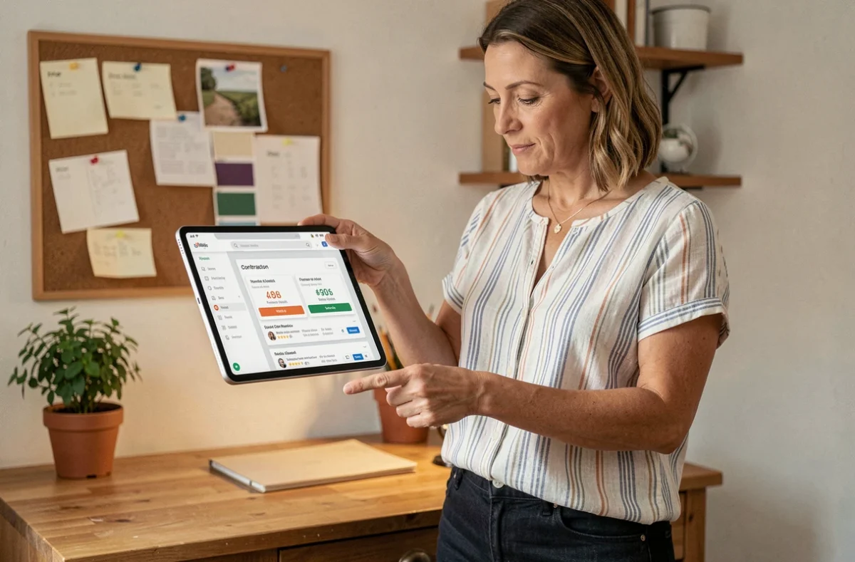 Femme consultant une plateforme de comparaison d'artisans sur tablette dans son bureau à domicile pour choisir un prestataire fiable pour ses travaux