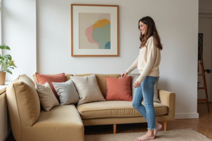 Femme souriante arrangeant des coussins colorés dans un salon moderne