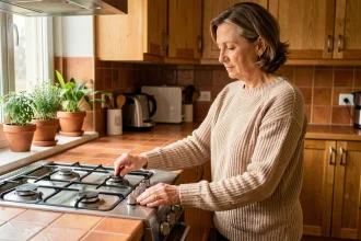 Femme ajustant le brûleur d'une cuisinière à gaz dans une cuisine française moderne, illustrant les tarifs du gaz pour la cuisson