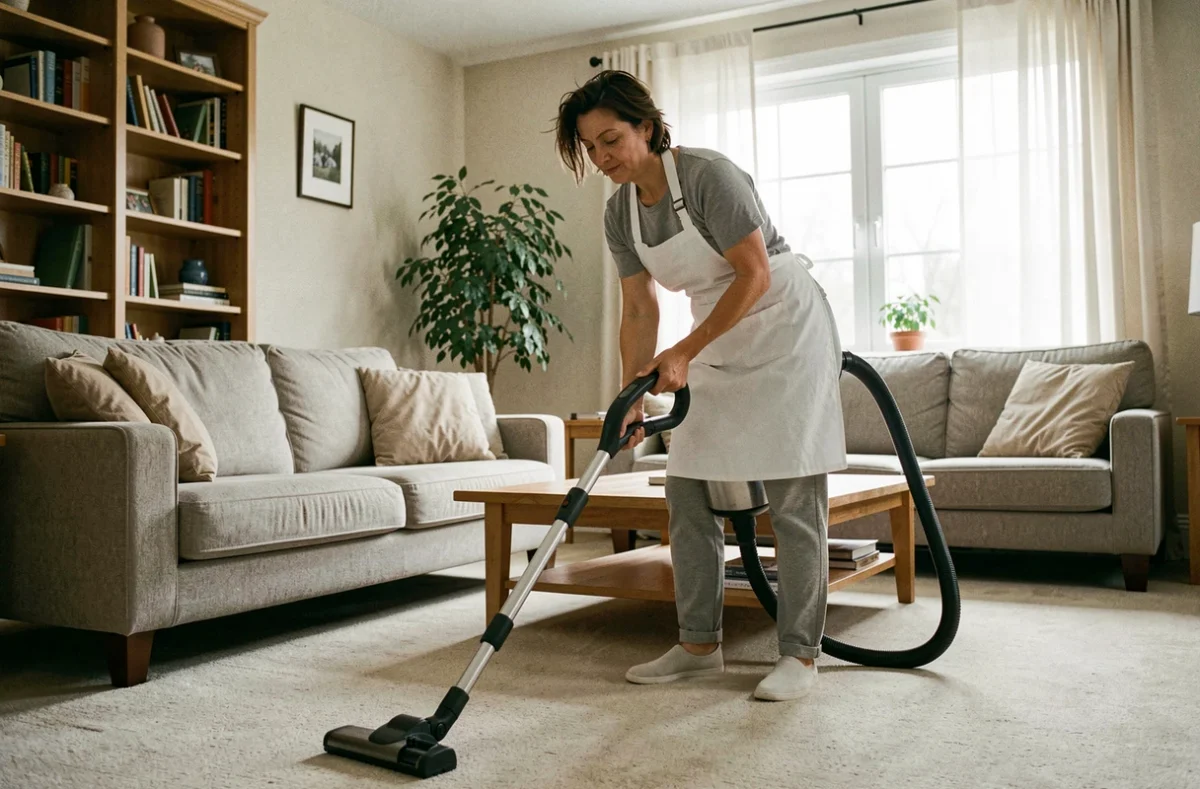 Femme de ménage passant l'aspirateur dans un salon résidentiel lumineux avec canapé et parquet