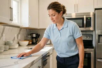 Femme de ménage professionnelle en uniforme nettoyant un plan de travail de cuisine moderne dans un domicile