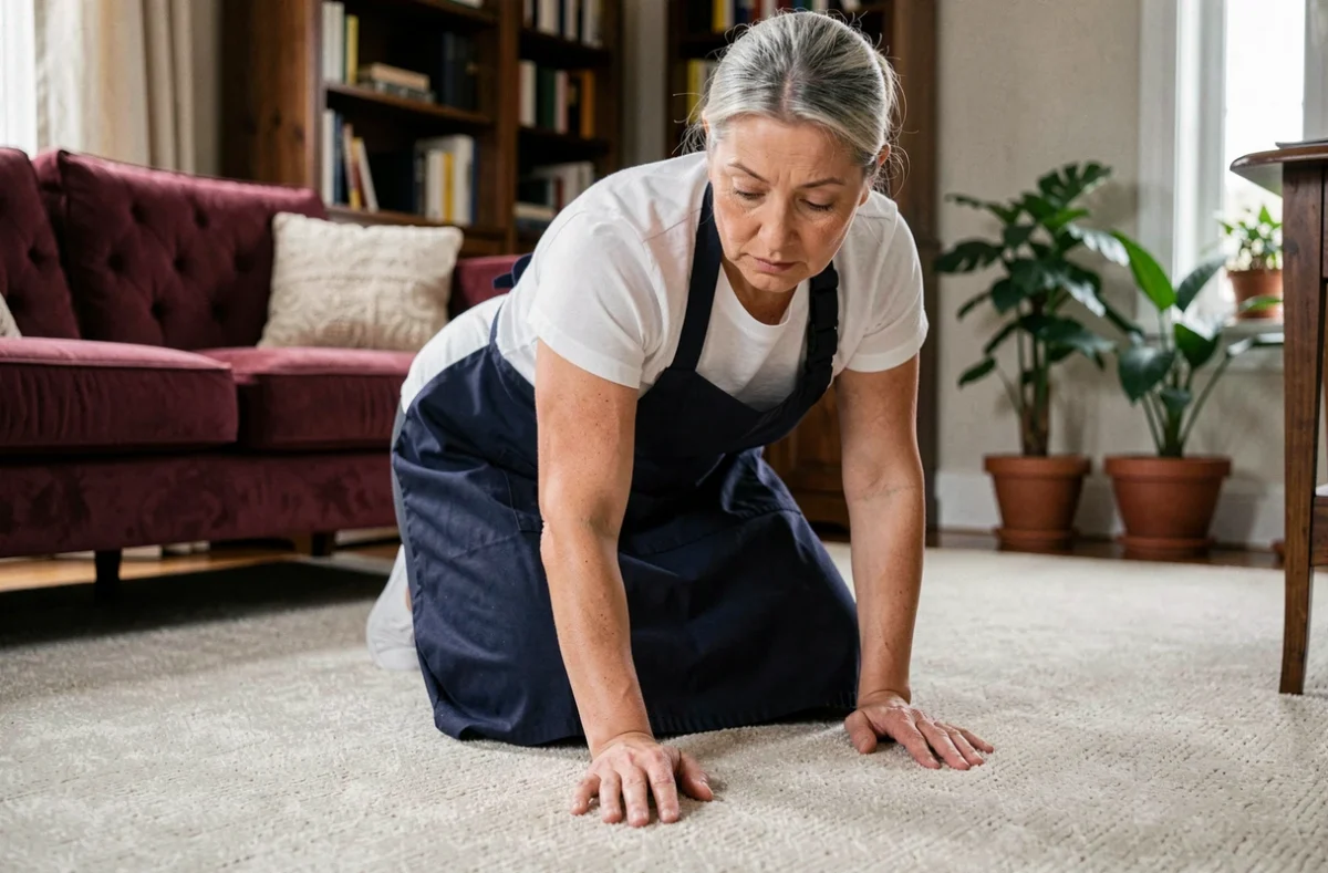 Femme de ménage expérimentée inspectant un tapis dans un salon élégant avec professionnalisme