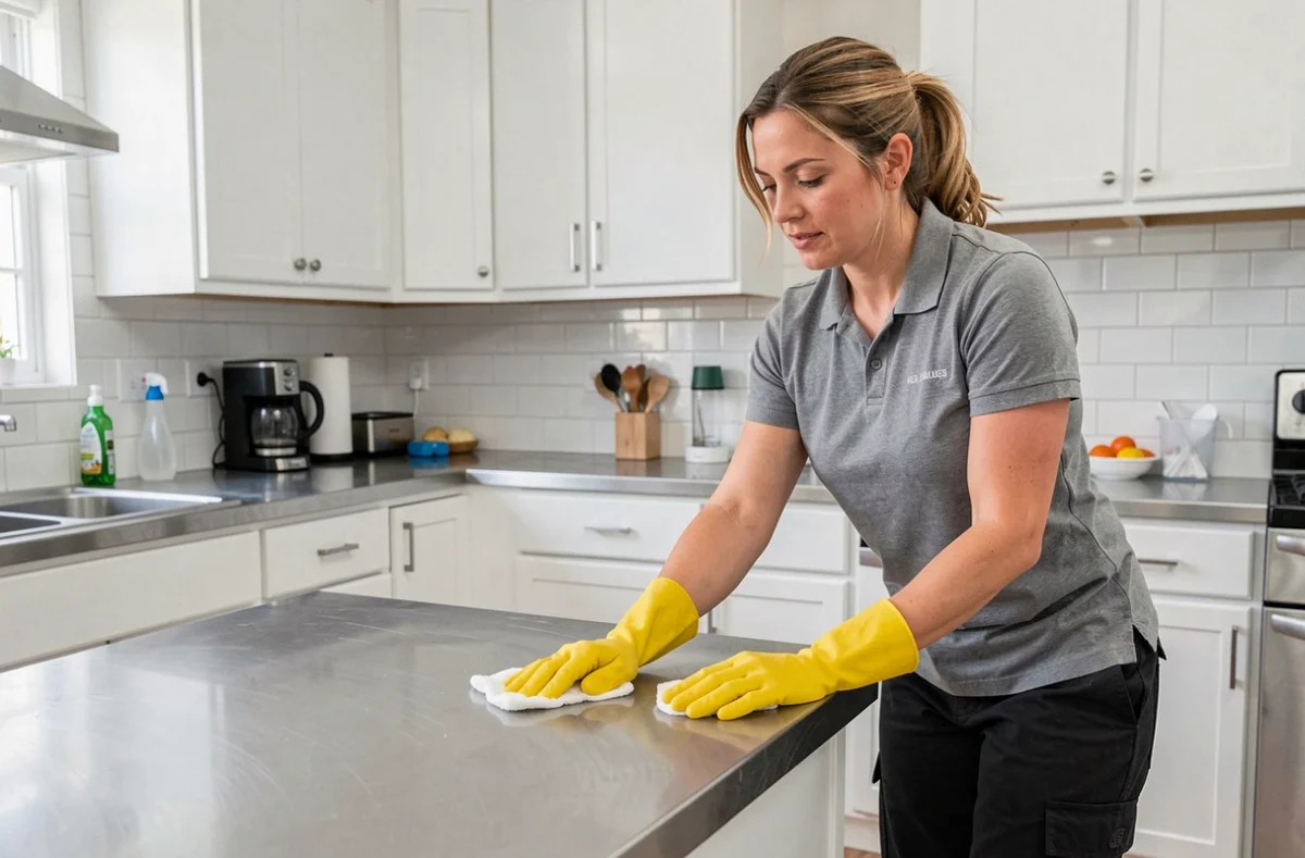 Femme de ménage en uniforme nettoyant un plan de travail en inox dans une cuisine moderne