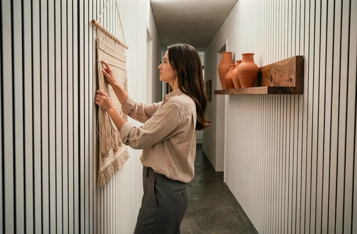 Femme décorant un couloir étroit avec lambris en lattes de frêne et tapisserie naturelle dans un intérieur moderne 2026
