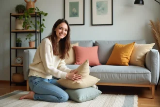 Femme souriante arrangeant coussins dans un salon cosy