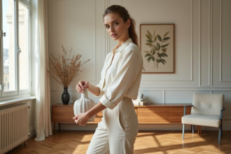 Femme élégante arrangeant un vase dans un salon parisien lumineux