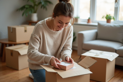 Femme emballant une petite boîte à bijoux dans un carton de déménagement