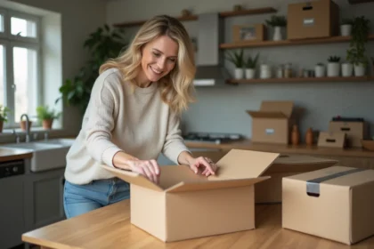 Femme pliant des cartons dans une cuisine moderne