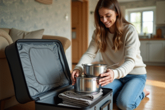 Femme emballant des casseroles en acier dans une valise à la maison