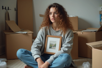 Jeune femme avec photo dans un appartement vide