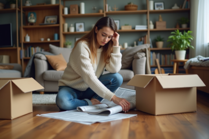Femme emballant un objet fragile dans un salon en désordre
