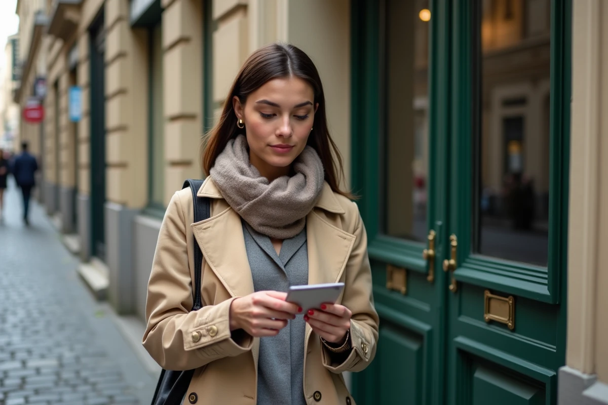 Jeune femme regardant une carte de serrurier dans la rue parisienne