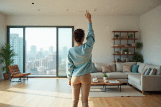 Femme en sweater bleu mesure la hauteur du plafond