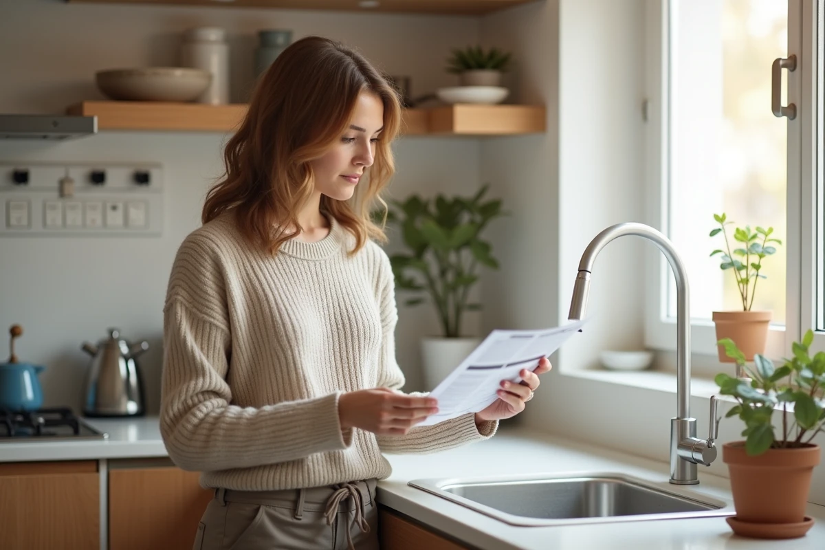 Femme lit un manuel électrique en comparant les prises dans la cuisine