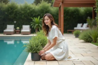 Jeune femme en robe blanche près de la piscine moderne