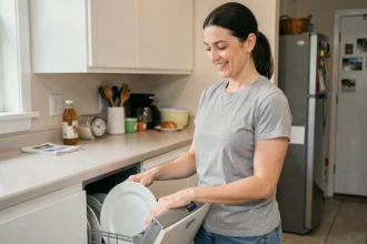 Femme chargeant un lave-vaisselle Beko dans une cuisine familiale modeste et fonctionnelle