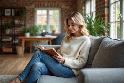 Femme lisant dans un salon garage moderne et cosy