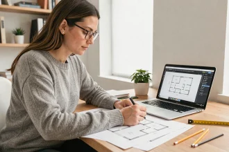 Femme utilisant un logiciel de plan de maison sur ordinateur portable avec des plans architecturaux étalés sur un bureau en bois