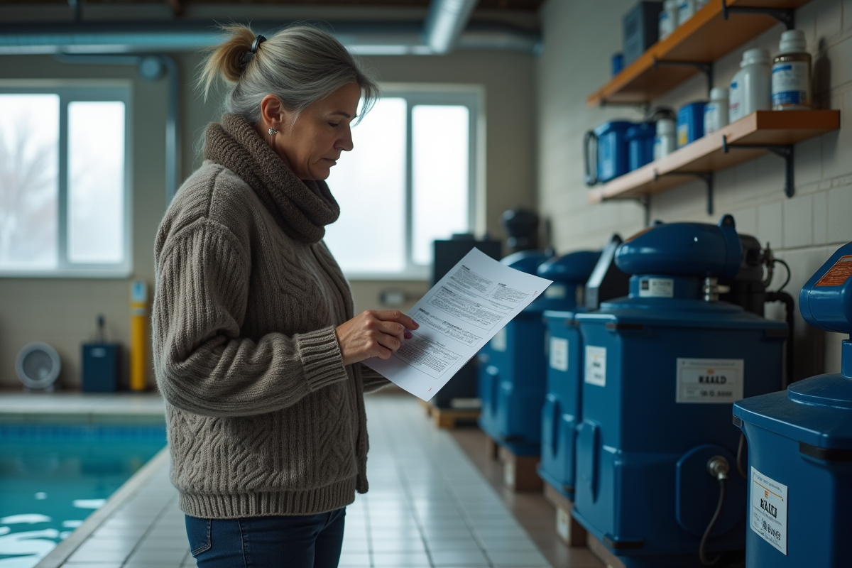 Femme examinant une pompe de piscine dans un local technique