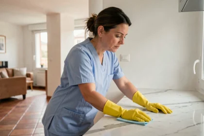 Femme de ménage professionnelle en uniforme bleu nettoyant un plan de travail dans un appartement toulousain moderne