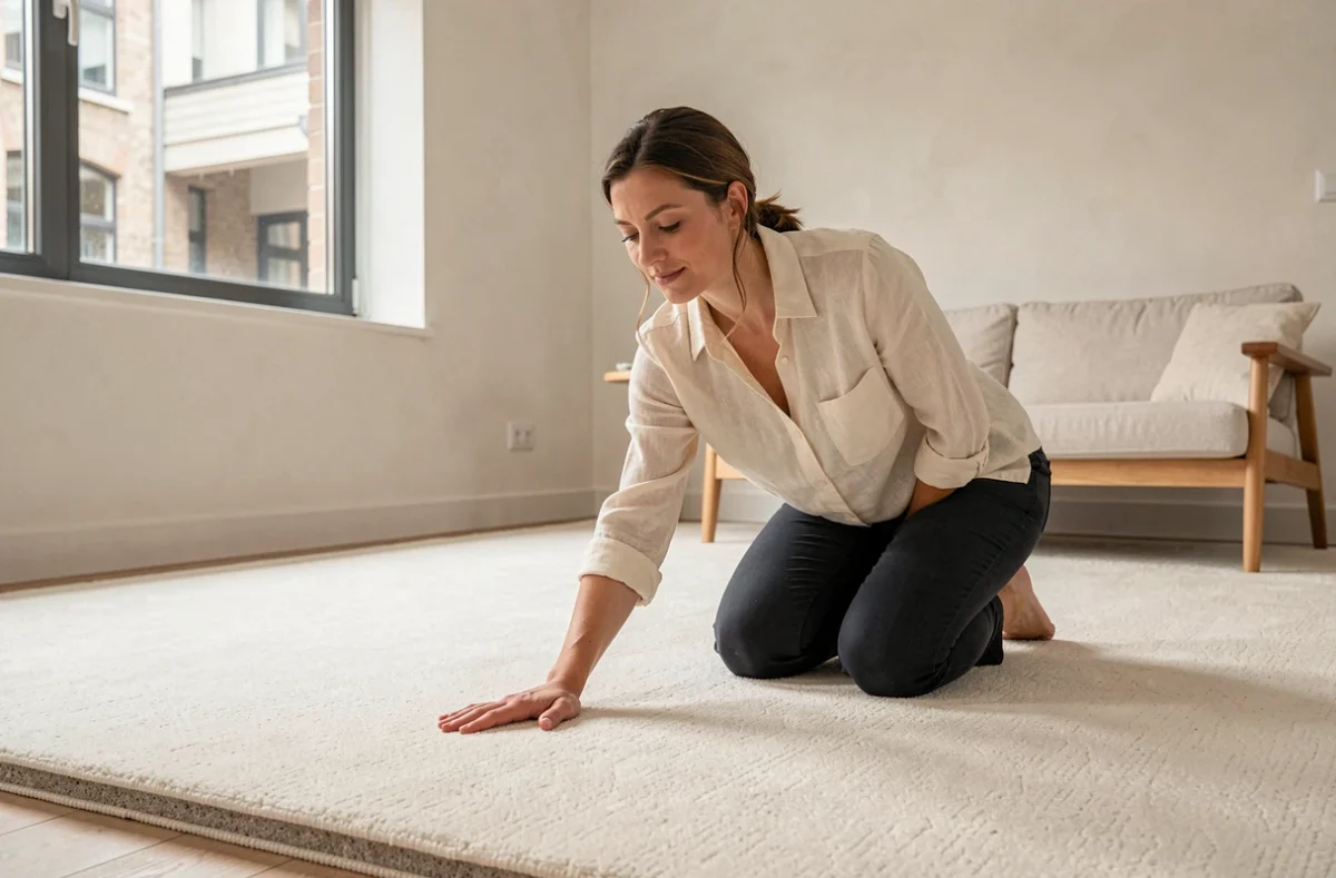 Femme testant la douceur d'une moquette isolante thermique dans un appartement rénové en 2026
