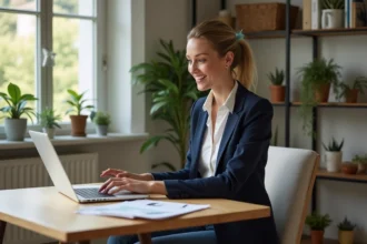 Femme en blazer bleu naviguant sur un site immobilier dans un appartement lumineux