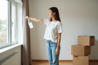 Jeune femme nettoyant des fenêtres avec un spray maison