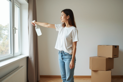 Jeune femme nettoyant des fenêtres avec un spray maison