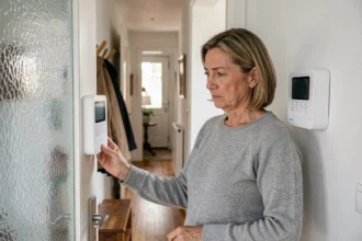 Femme examinant un panneau de contrôle d'alarme Homiris installé dans l'entrée d'une maison française moderne