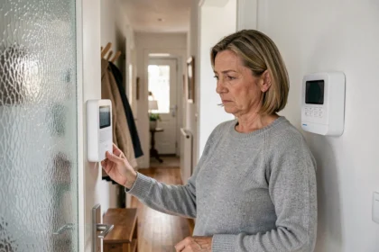Femme examinant un panneau de contrôle d'alarme Homiris installé dans l'entrée d'une maison française moderne