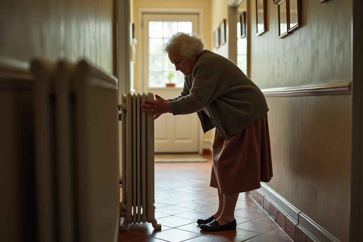 Femme âgée place une patte décorative sous un radiateur