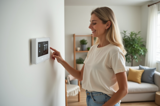 Femme ajustant un thermostat digital dans un salon cosy