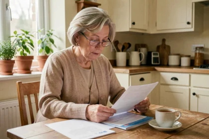 Femme senior consultant sa mutuelle santé et des documents d'aide ménagère à domicile